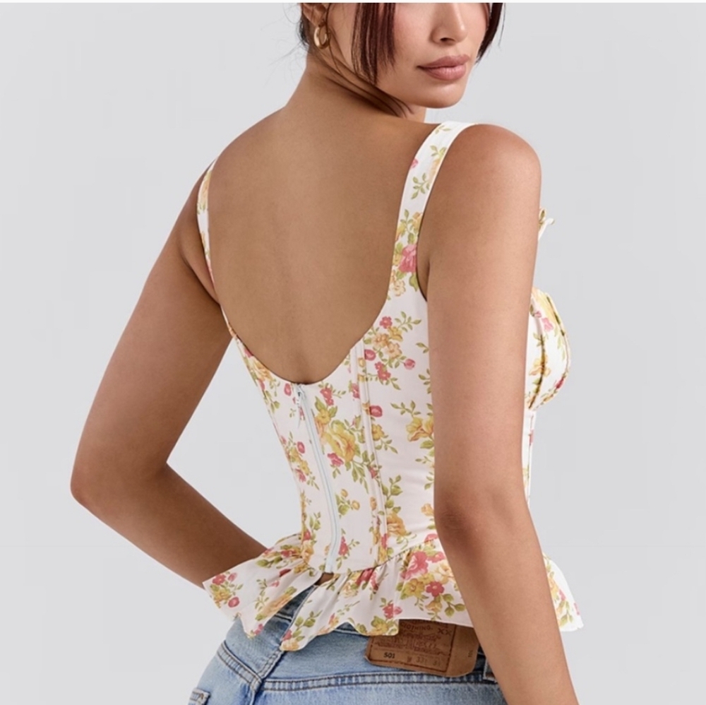New House Of CB Gigou Royal Rose Print Peplum Cotton Corset Top - Picture 3 of 6